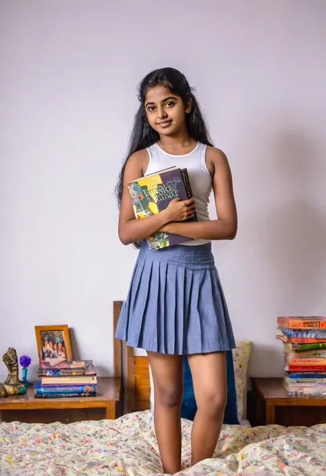 a young Mallu girl holding some books while standing in her bedroom, teenage female , student, portrait of high school girl, holding books, portrait of teenage girl, portrait of normal teenage girl, teenager girl, , girl standing, portrait of a young teena...