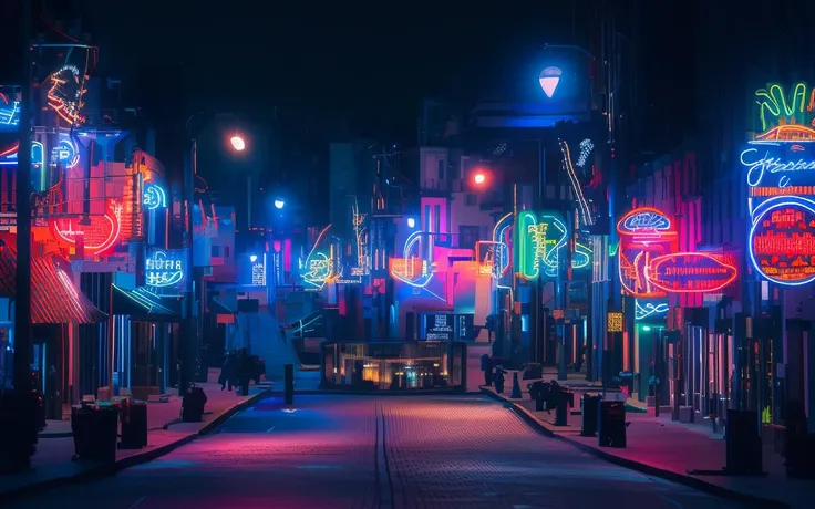 brightly lit neon lights on city streets at night, neon street, neon lights everywhere, neon streetlights, colored neons, city m...