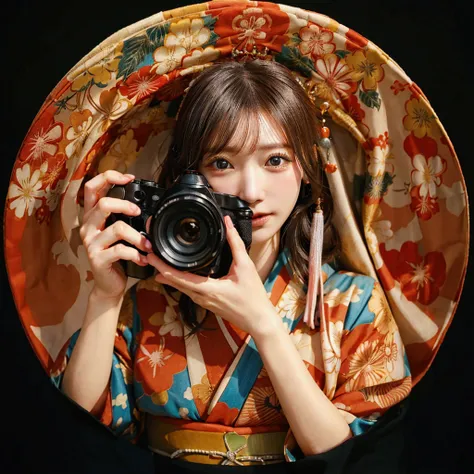 arafed woman in kimono holding a camera and taking a picture, a mix of anime style and fujifilm, photograph portrait 4 k, photog...