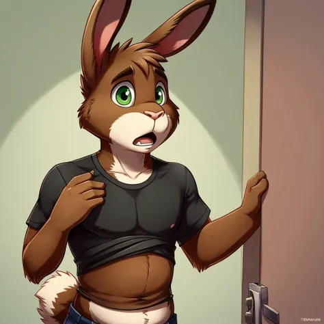 anthropomorphic rabbit, tween, male, brown fur, green eyes, tight shirt, straining buttons, exposed belly, worried, surprised