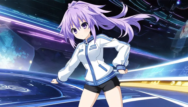 Girl,female,white Jacket,purple eyes,violet hair, short pants black,pony tail hair,Anime style,Planeptune background,Neptunia Style,Adult age,HD Blue Game Background