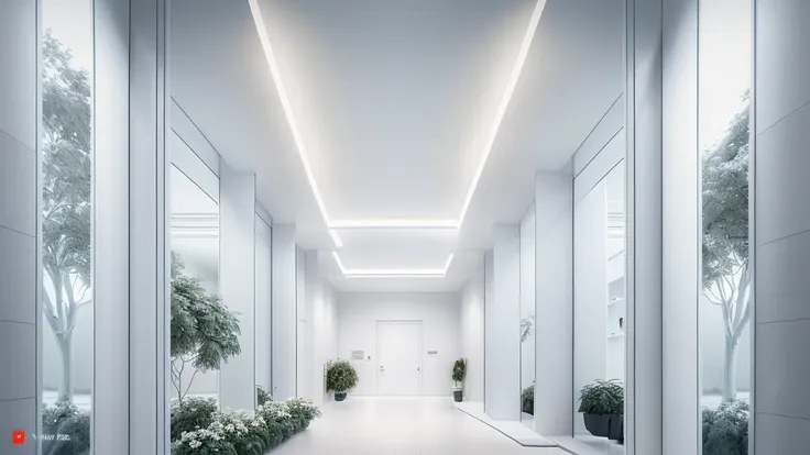 there is a long hallway with a lot of windows and trees, hallway landscape, all white render, infinite hallway, white minimalist...