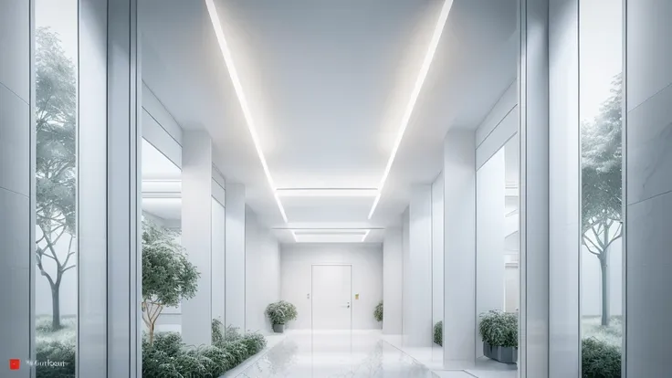 there is a long hallway with a lot of windows and trees, hallway landscape, all white render, infinite hallway, white minimalist...