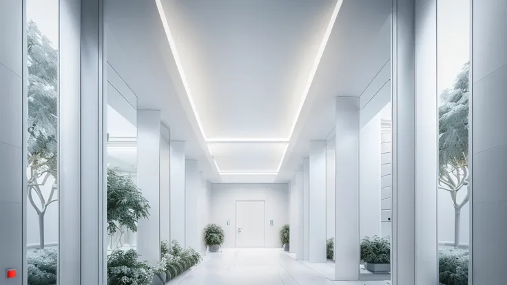 there is a long hallway with a lot of windows and trees, hallway landscape, all white render, infinite hallway, white minimalist...