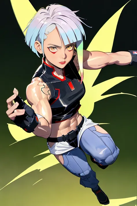 wmma, fingerless gloves, lu1, cyborg, multicolored hair, makeup, midriff, toned, stage lights, fence,  son_goku, super_saiyan, y...