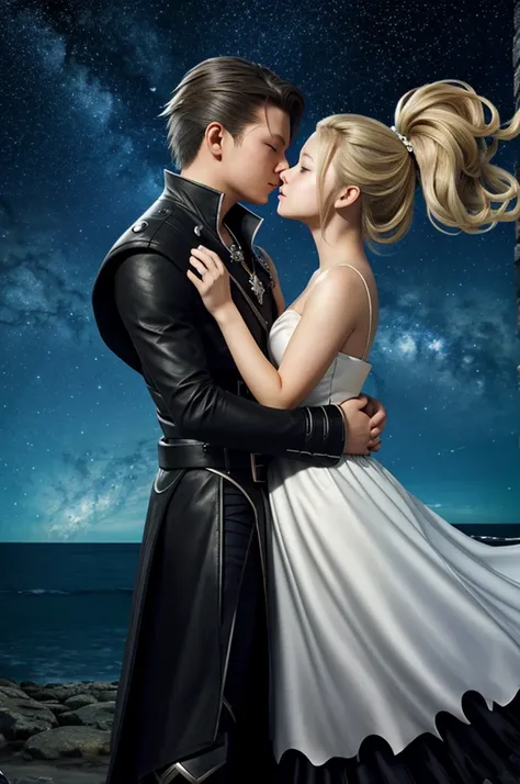 Bravely default style, Edea Lee, ringabel, kissing, romantic, night, stars