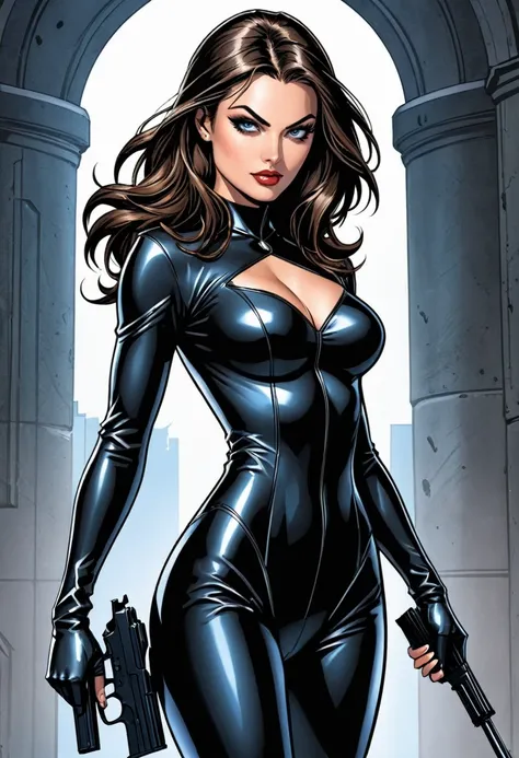 Full shot of Phoebe Tonkin as Sydney Savage from the comic book "Danger Girl" by J. Scott Campbell. Phoebe wears a sleek black catsuit. Phoebe has long brunette hair that hangs loosely about her shoulders. Phoebe has lovely makeup on her face. Phoebe wield...