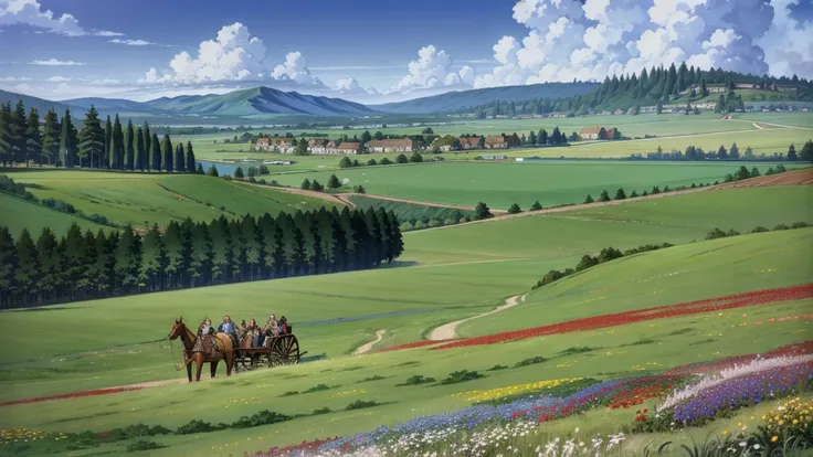 A 16:9 anime-style illustration depicting adventurers traveling through a vast, lush grassland. The scene features diverse characters in anime fantasy attire, such as cloaks and armor, with some carrying swords and staffs. The group is accompanied by a hor...