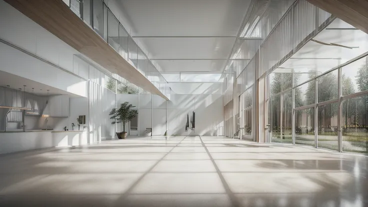 there is a long hallway with a lot of windows and trees, hallway landscape, all white render, infinite hallway, white minimalist...