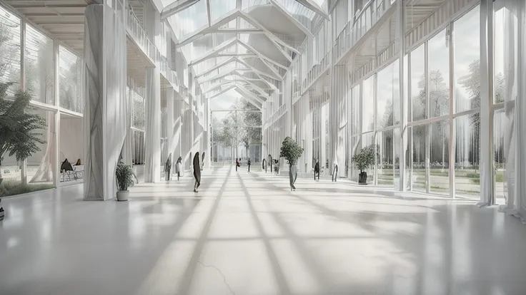 there is a long hallway with a lot of windows and trees, hallway landscape, all white render, infinite hallway, white minimalist...