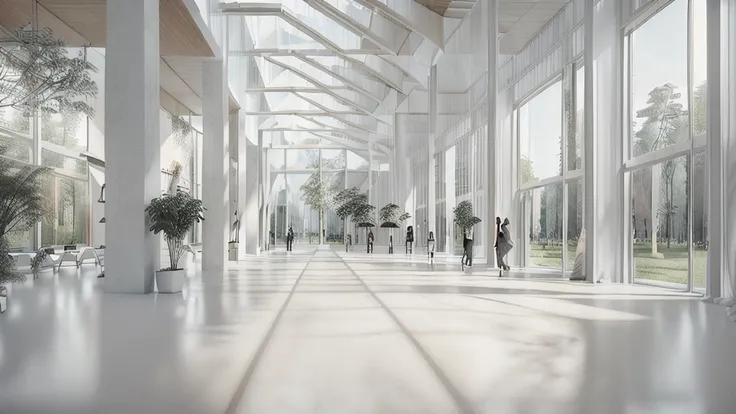 there is a long hallway with a lot of windows and trees, hallway landscape, all white render, infinite hallway, white minimalist...