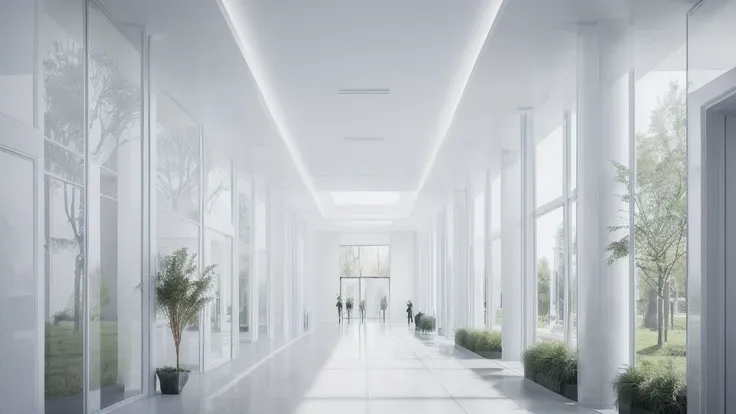 there is a long hallway with a lot of windows and trees, hallway landscape, all white render, infinite hallway, white minimalist...