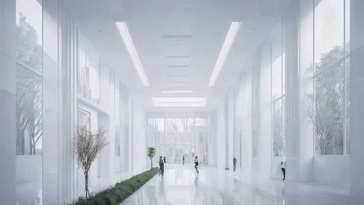 there is a long hallway with a lot of windows and trees, hallway landscape, all white render, infinite hallway, white minimalist...