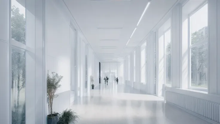 there is a long hallway with a lot of windows and trees, hallway landscape, all white render, infinite hallway, white minimalist...