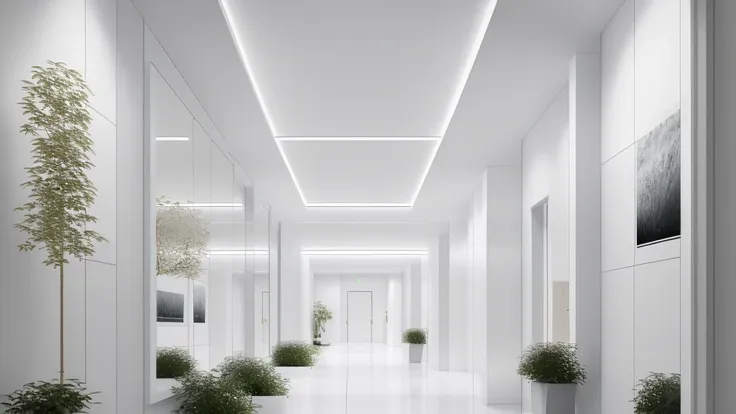 there is a long hallway with a lot of windows and trees, hallway landscape, all white render, infinite hallway, white minimalist...