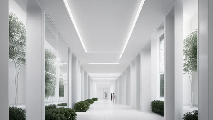 there is a long hallway with a lot of windows and trees, hallway landscape, all white render, infinite hallway, white minimalist...