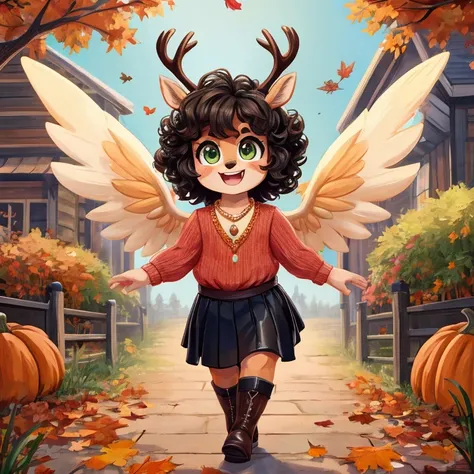 Cute, deer boy, small deer antlers, innocent, chubby, fat, big thighs, androgynous, femboy, short curly hair, black hair, fawn spots, freakles, ((cute)), smiling, wearing cottage core outfit, pastel color scheme, young, cartoony, adorable, deer tail, moss ...