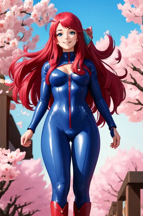 masterpiece, best quality:1.2), 1girl, smile, looking at viewer, blue eyes, sakura minamoto, hair bow, ahoge, dressed as superwoman, full bodysuit, blue catsuit, boots, red cloak cape, standing under cherry blossoms