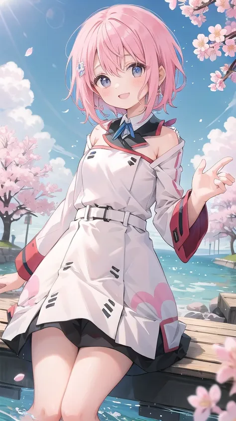 （high quality、最high quality）nakano　ichika、asymmetrical short hair、light pink hair、smile、school of the future、cherry blossoms、