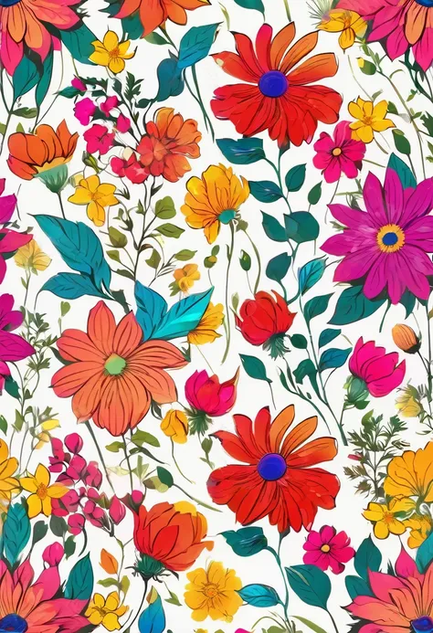 Colorful flowers pattern on white background, Seamless pattern design, Floral Pattern, Colorful flowers, Floral Pattern, Stylized flowers, Garden flowers pattern, Summer color pattern, Flowers colorful, neon Floral Pattern, with Colorful flowers, Painted f...