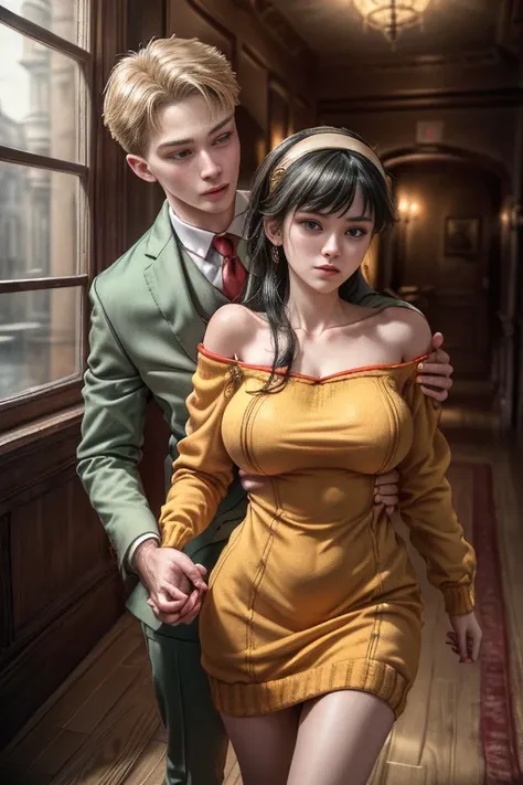 (masterpiece, best quality:1.2), high resolution, intricate details, extremely detailed, realistic and sharp details, (full body), couple, hetero, (1girl, outstretched arms, hairband, off shoulder red sweater minidress), (1boy wearing light green business ...