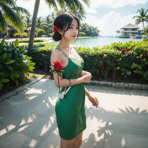 Wearing a green dress、A woman enjoying vacation at a tropical resort。With a red rose in my hand。