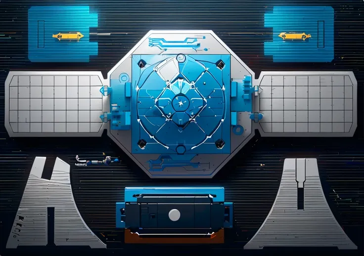 highly detailed panel cuts, highly detailed panel cuts,plan of a small space station with computers, parts and components, simpl...