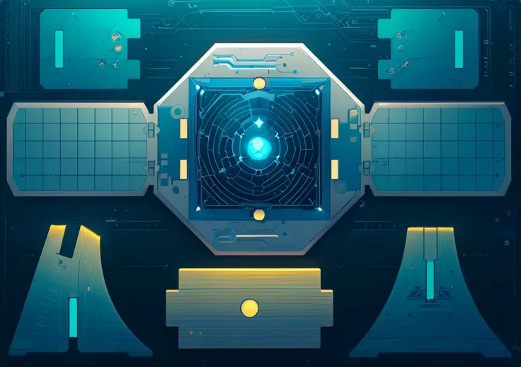 highly detailed panel cuts, highly detailed panel cuts,plan of a small space station with computers, parts and components, simpl...