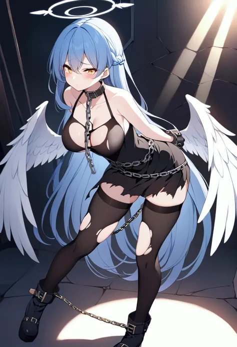 slender, mature female,chain, torn_clothes, torn_legwear, wings, cuffs, halo, breasts, 1girl, feathered_wings, shackles, angel_wings, feathers, rating:questionable, chained, long_hair, yellow_eyes, large_breasts, handcuffs, weapon, gloves, braid, angel, bd...