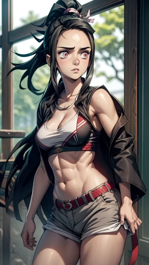 masterpiece, best quality, a 16yr old girl, height 160cm, ample bust, flat stomach, sports physique, toned stomach, ribcage visible, sweaty, oily skin, ponytail, wearing Bra and Shorts, Nezuko from demon slayer, nezuko