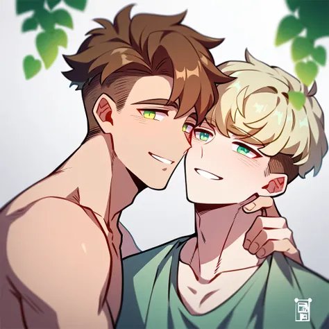 2 young men, focus man , Yaoi, pair,smile, human, short hair, reddish brown hair, Orange-green eyes,  elf,golden hair, Undercut style, light green eyes , Fantasy, The best aesthetics , best quality, Amazing quality, The best aesthetics,Not wearing a shirt,...