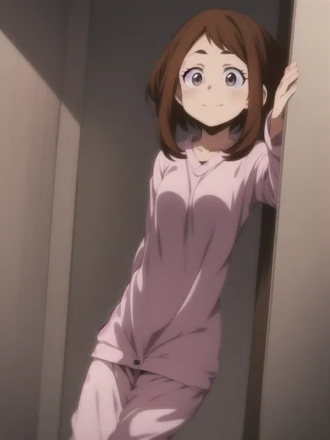 Ochaco Uraraka, wearing pajamas, nice environment, super detailed, high quality