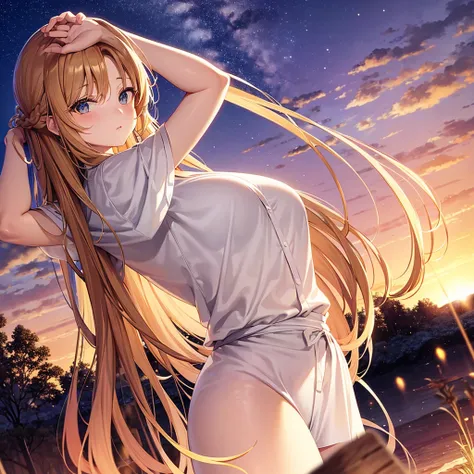 asuna,STAR, crown half up hairstyle,cold face and white shirt, large breasts, dusk, dusk sky, sunset,Free Pose。Low - Angle