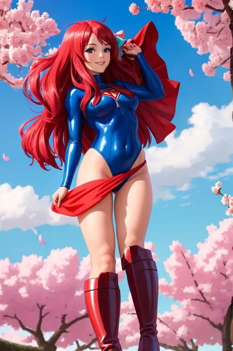 masterpiece, best quality:1.2), 1girl, smile, looking at viewer, blue eyes, sakura minamoto, hair bow, ahoge, dressed as superwoman, full bodysuit, blue catsuit, boots, red cloak cape, standing under cherry blossoms