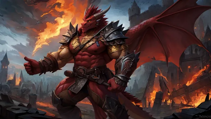 large attractive muscular male anthro dark red dragon Massive, extremely muscular, looks protective and possessive, seductive, wearing spiky armor, large muscles, yellow dragon eyes, dragon wings, red horns pointing backwards with pointed scales, big crotc...