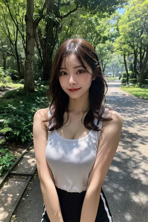 「Busty beauty takes a shortcut while running with her dog in the park, Lightly sweating、The skin is slightly damp. A bright, sunny Sunday morning, In the middle of a well-maintained tree-lined path in a vast forest.”