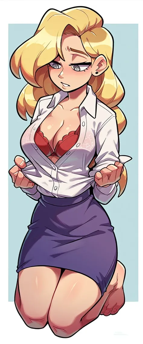  A sexy woman sensual big breast beautiful beautiful attraction long blonde yellow hair her gray eye wears white button down shirt office shows chest red bra and a short purple skirt she cries sad she kneeling feet forgiveness young guy background raining