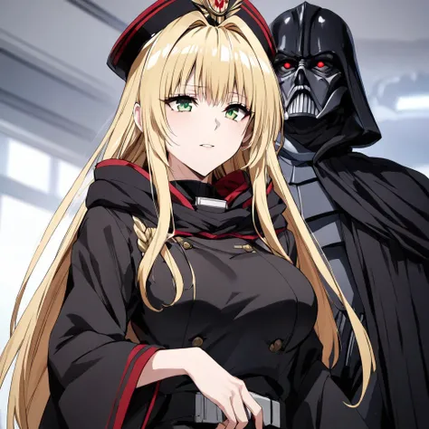 ((Highest quality)), ((masterpiece)), (detailed), （Perfect Face）、The woman is Tiare, a beautiful Space Imperial Army officer with green eyes and medium-long blonde hair, wearing a Space Imperial Army uniform and military cap.、The woman swore loyalty to Emp...