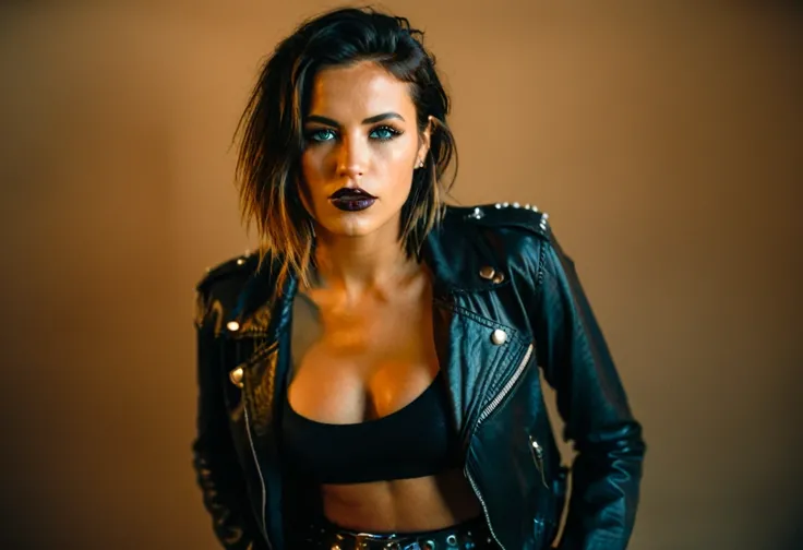 color digital photograph of Ingrid Axehand a woman from barbaria wearing (edgy rocker), (ripped black skinny jeans with studded leather jacket), (black ankle boots), (statement belt), (dark lipstick) and Clogs shot on Sony a9 II Mirrorless Camera by Gordon...