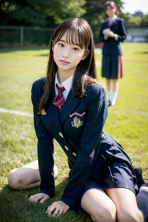 high detail、8K Photo、Japanese high school girls、In uniform、BlazerSitting on the grass、