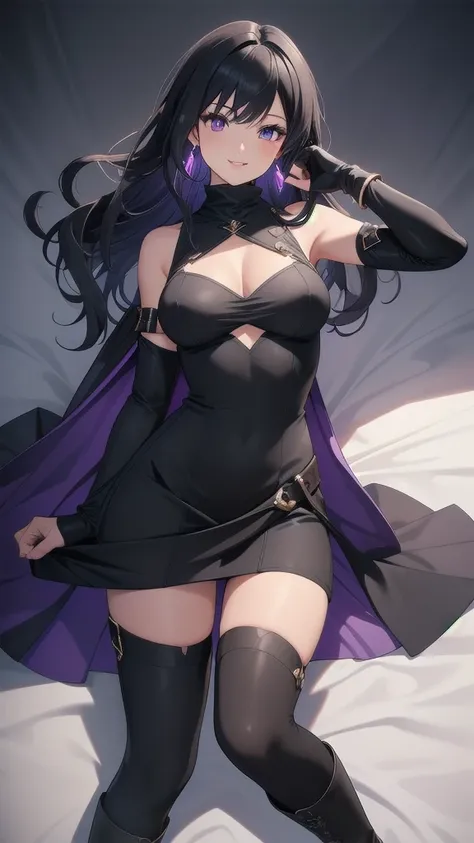 masterpiece, best quality, 1 solo girl, black hair, purple eyes, long hair, medium breasts, sexy body and face, wavy hair, smile, parted lips, gradient clothes, dress, elbow gloves, sleeveless, bare shoulders, cape, boots, bracelet, sleeveless dress, ribbo...