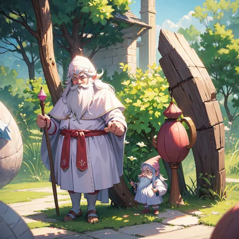 Draw a Gnome with a pink net, a white hat, with a long beard and white hair with a green cape that covers him to his feet and faces a knight in silver armor.