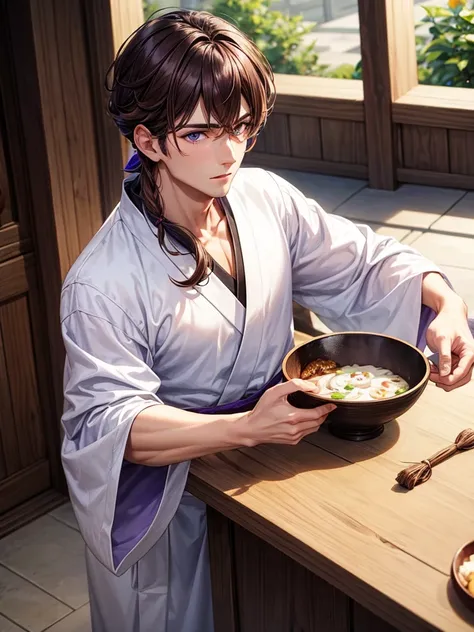 , handsome man, firm jaw, purple eyes, brown hair, wearing a white kimono,bowl hairstyle