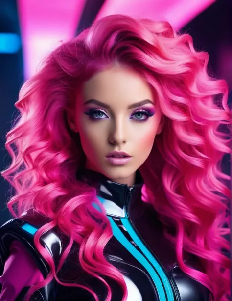 very attractive 25 year old female with long bright pink hair, A striking model with voluminous curls and a daring outfit, posing against a futuristic digital backdrop.