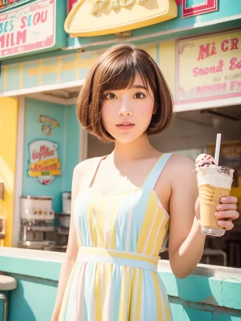 Portrait MagMix Girl look at camera, bob cut, short hair, dress, Retro ice cream parlor with pastel-colored walls, a classic soda fountain counter, and vintage ice cream posters, bathed in warm sunlight, analog film photo, soft and dreamy lighting, pastel ...