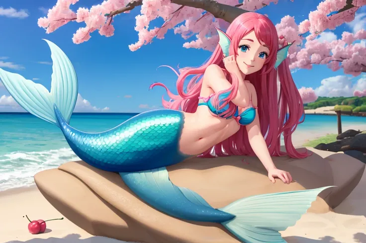 masterpiece, best quality:1.2), 1girl, smile, looking at viewer, blue eyes, sakura minamoto, ahoge, mermaid, blue pink mermaid tail, laying on beach, fin ears, head fins, seashell bra, under cherry blossoms