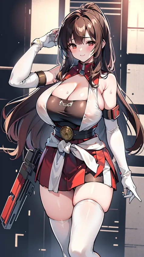 18 year old girl，baby face，brown hair，curls，Zhangzui smile，Huge breasts，Cleavage，Transparent red sleeveless top，Leave space in the middle to reveal Cleavage，Soaked all over，blush，Red eyes，female spy，red miniskirt，White gloves，White hand sleeves，White boots...