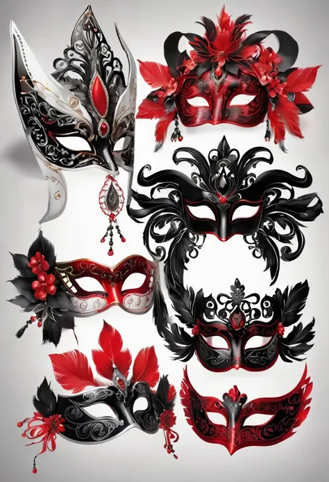 red背景上白色和black面具的无缝图案, drama masks, grey、black、白色和red, black、白色和red colors, redblack白色, Masked, Carnival masks, drama masks, ornate mask and fabrics, black、白色和red, Masquerade masks, Domino Mask, red、black和白色, black、白色和red