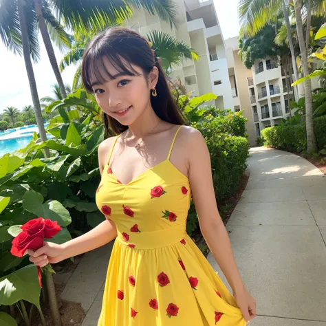 Wearing a yellow dress、A woman enjoying vacation at a tropical resort。With a red rose in my hand。