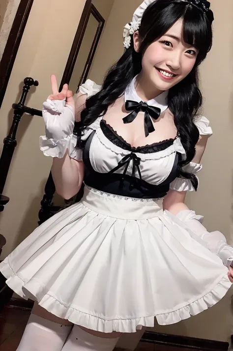 accentuated thighs、white tights、chest、black hair、1 girl、solo girl、thick thighs、hand on own chest、smile、maid costume、garter belt,...